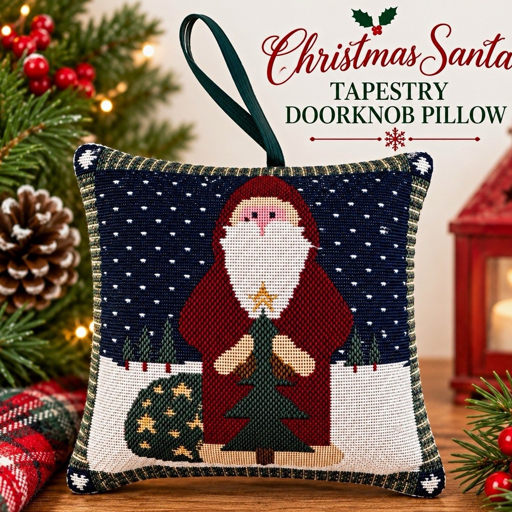 Christmas Santa Tapestry Doorknob Pillow Hanger Folk Art Holiday Decor 6"